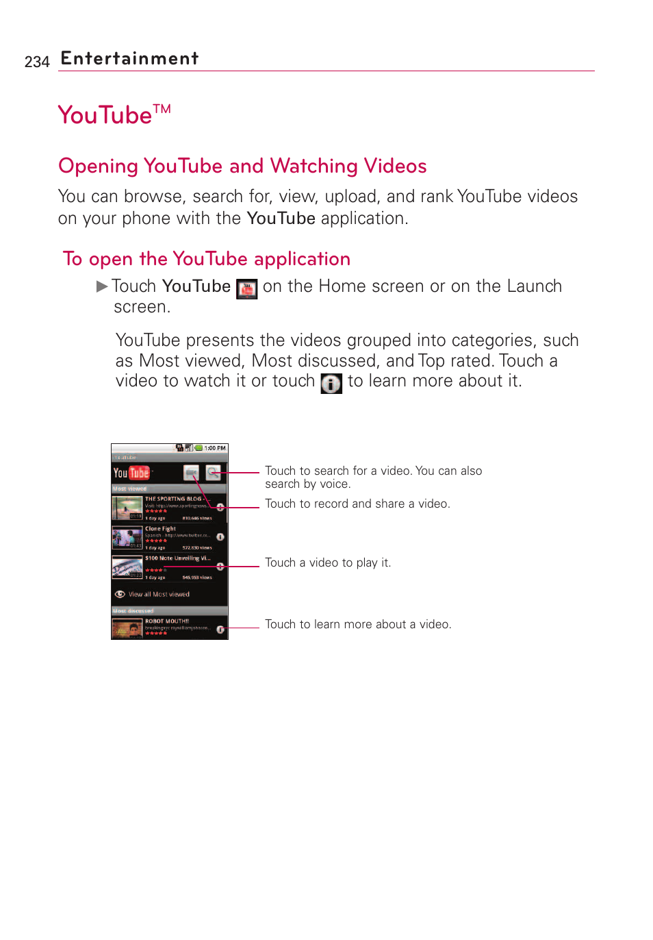 Youtubetm, Opening youtube and watching, Opening youtube and watching videos | Youtube, Entertainment | LG VS660 User Manual | Page 236 / 692