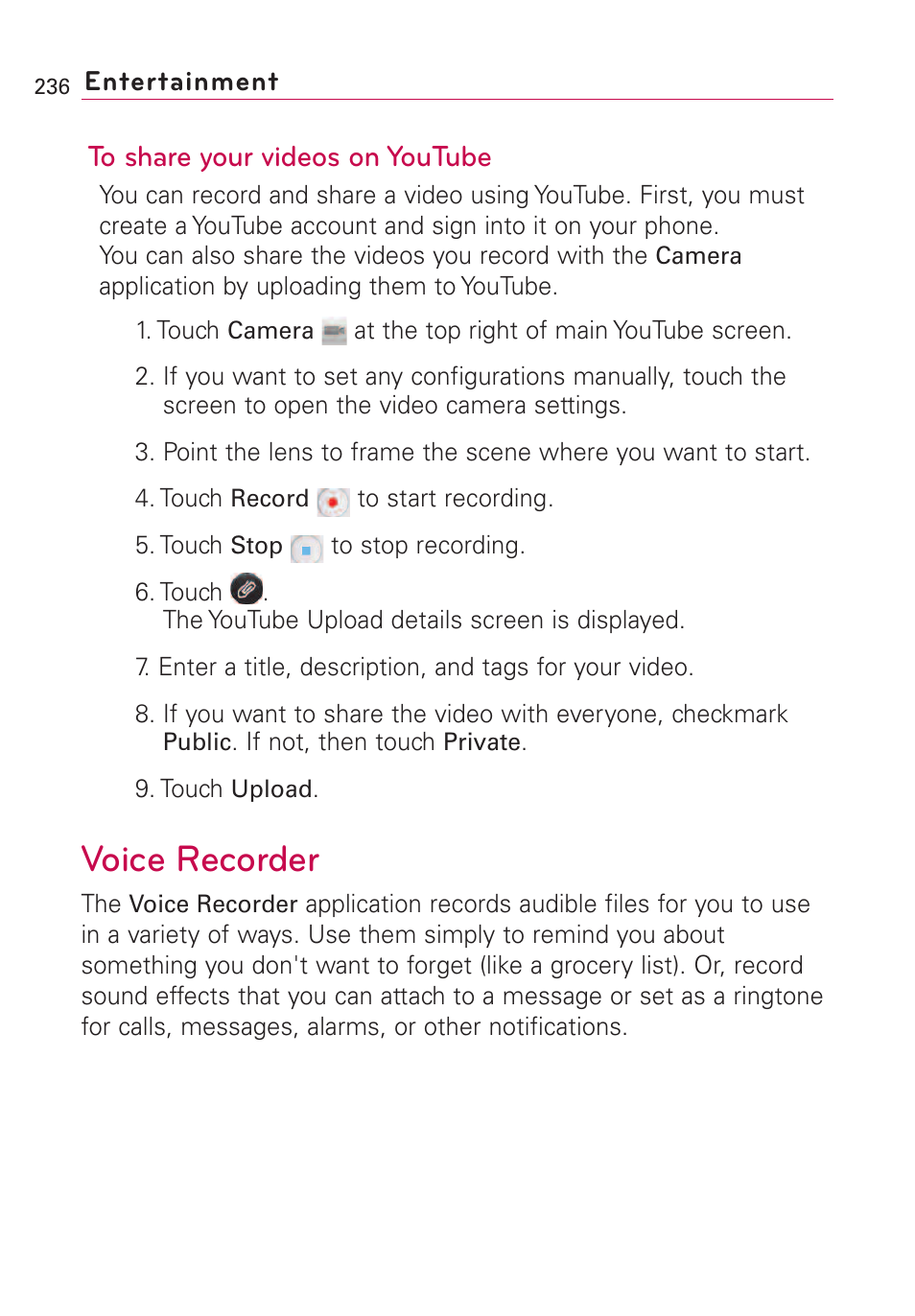 Voice recorder | LG VS660 User Manual | Page 238 / 692