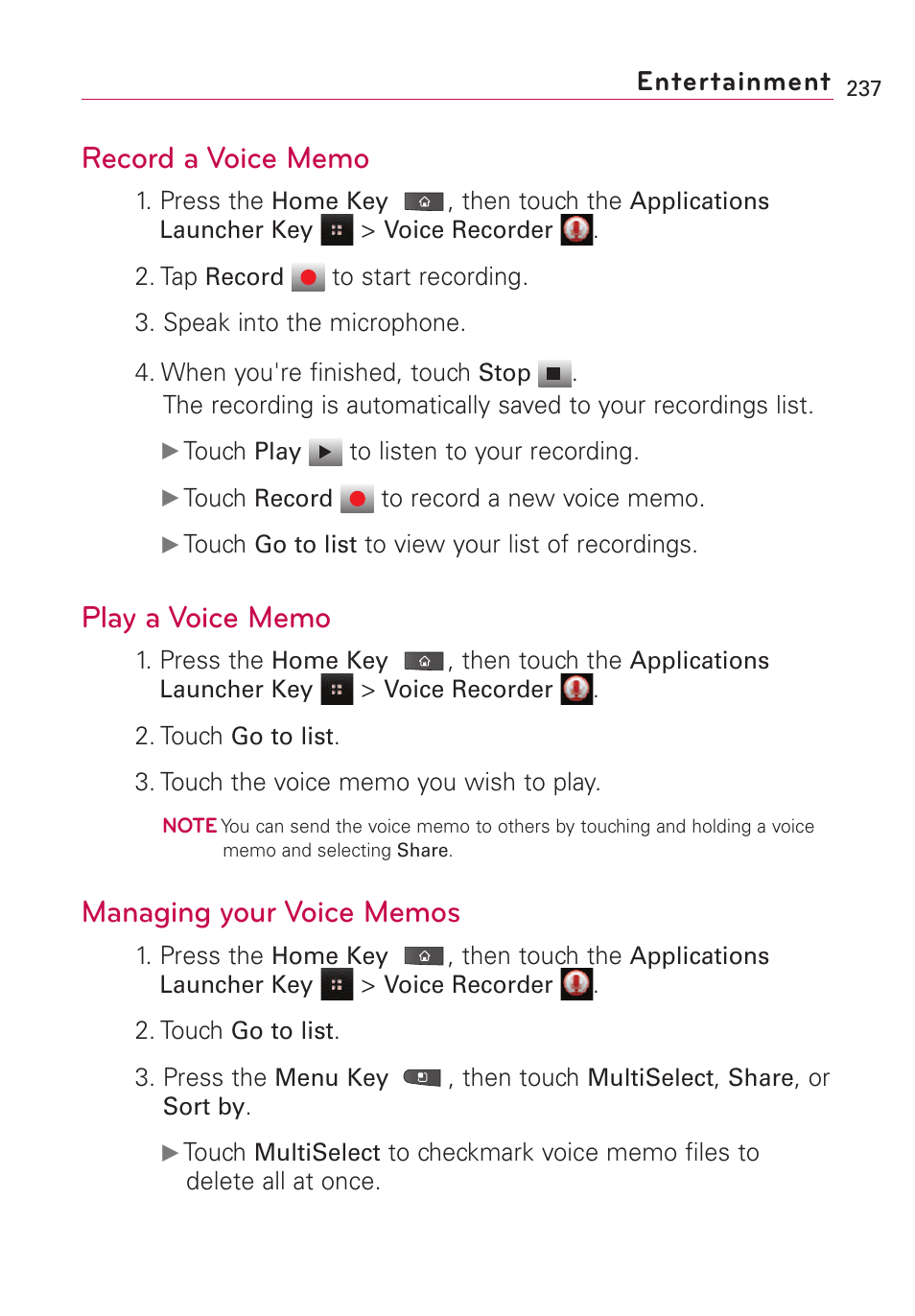 Record a voice memo, Play a voice memo, Managing your voice memos | Entertainment | LG VS660 User Manual | Page 239 / 692