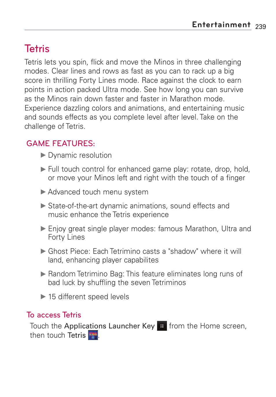 Tetris, Game features, Entertainment | LG VS660 User Manual | Page 241 / 692
