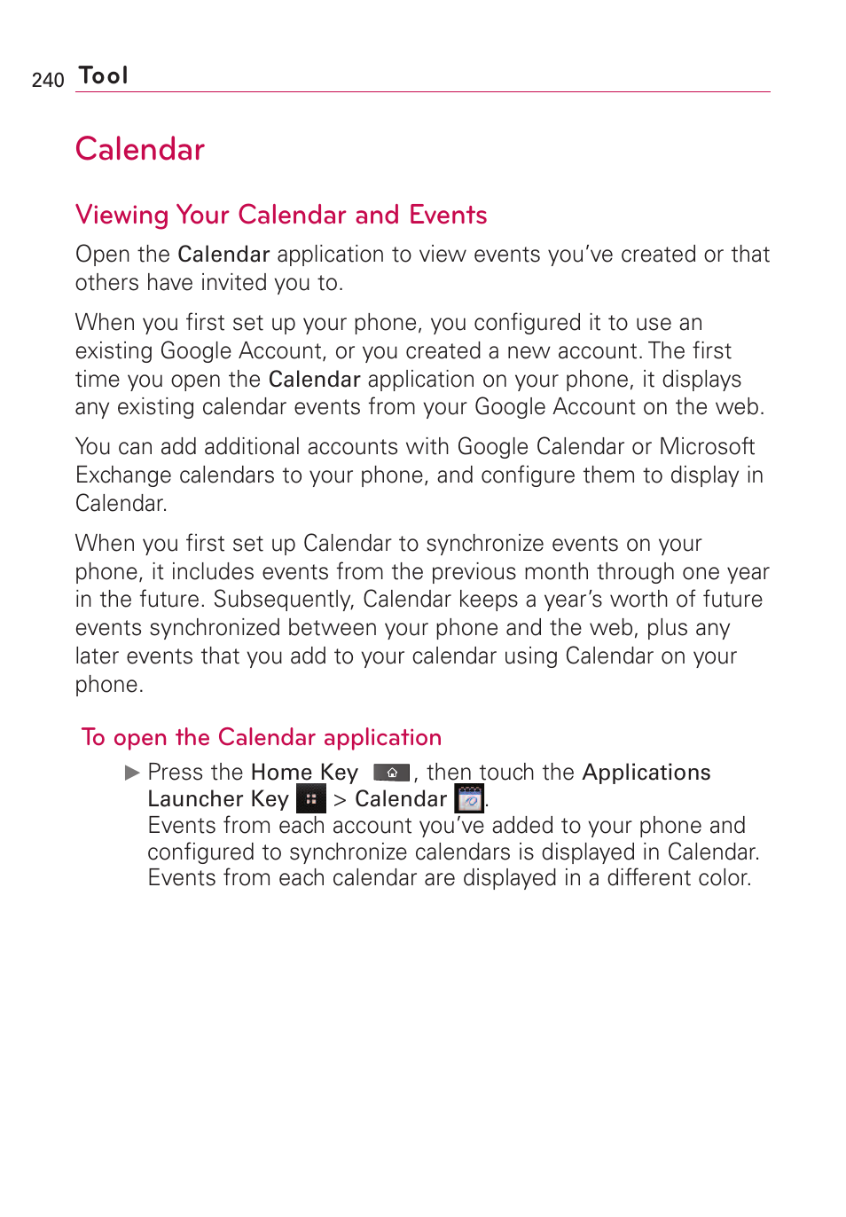 Tool, Calendar, Viewing your calendar and ev | Viewing your calendar and events | LG VS660 User Manual | Page 242 / 692