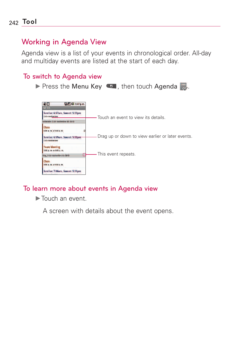 Working in agenda view, Tool | LG VS660 User Manual | Page 244 / 692