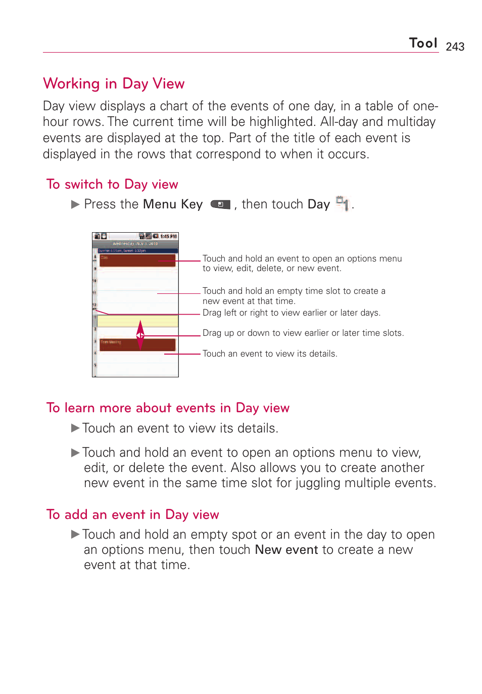 Working in day view, Tool | LG VS660 User Manual | Page 245 / 692