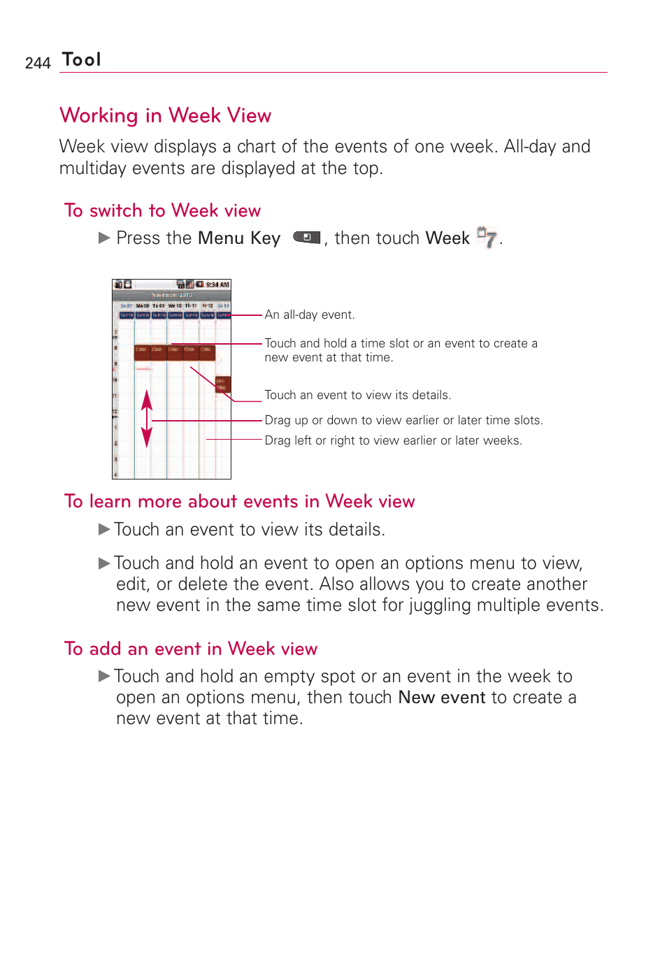 Working in week view, Tool | LG VS660 User Manual | Page 246 / 692