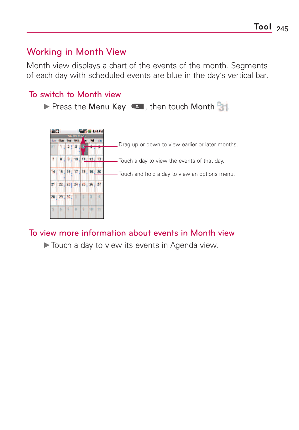 Working in month view, Tool | LG VS660 User Manual | Page 247 / 692