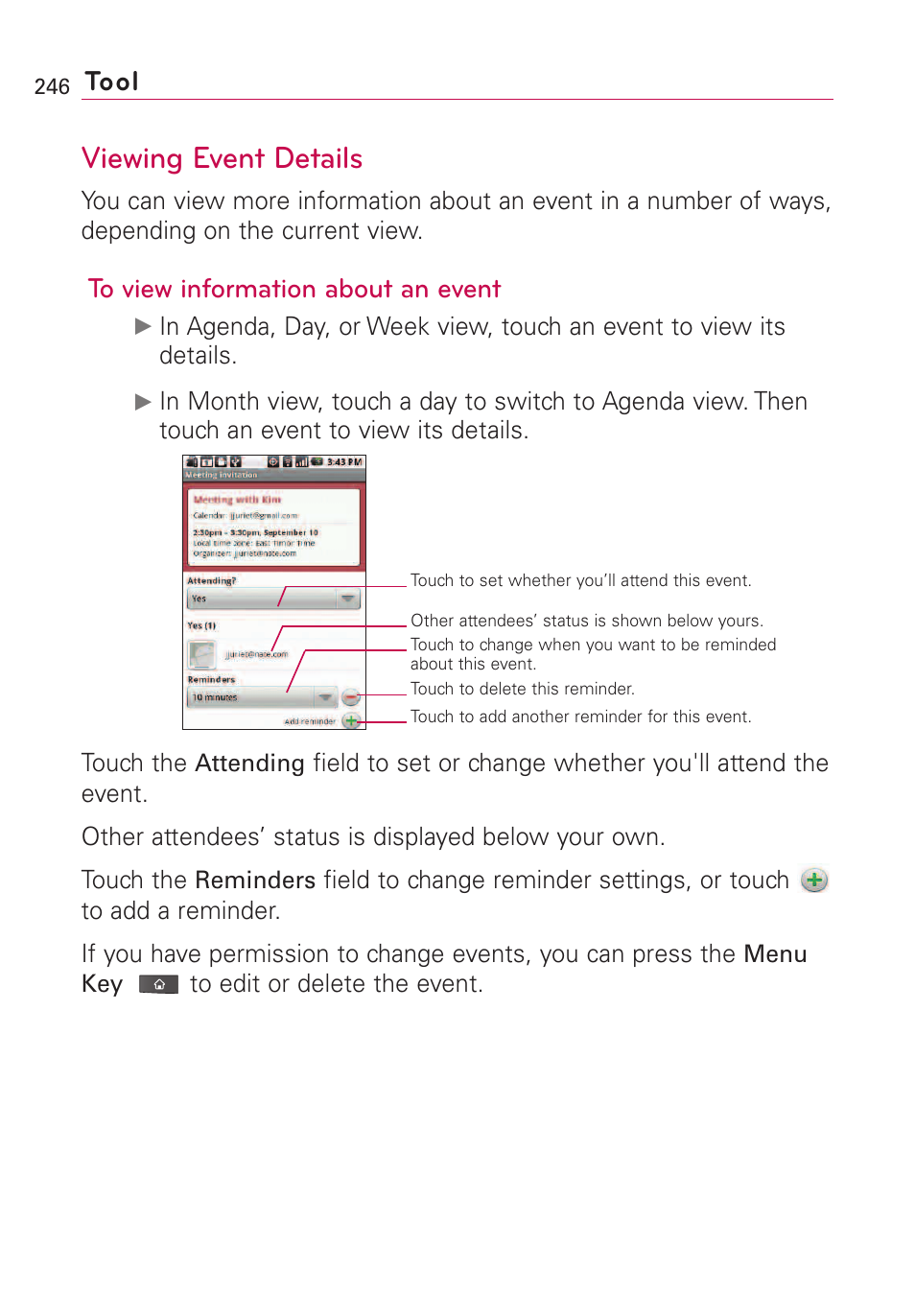 Viewing event details, Tool | LG VS660 User Manual | Page 248 / 692
