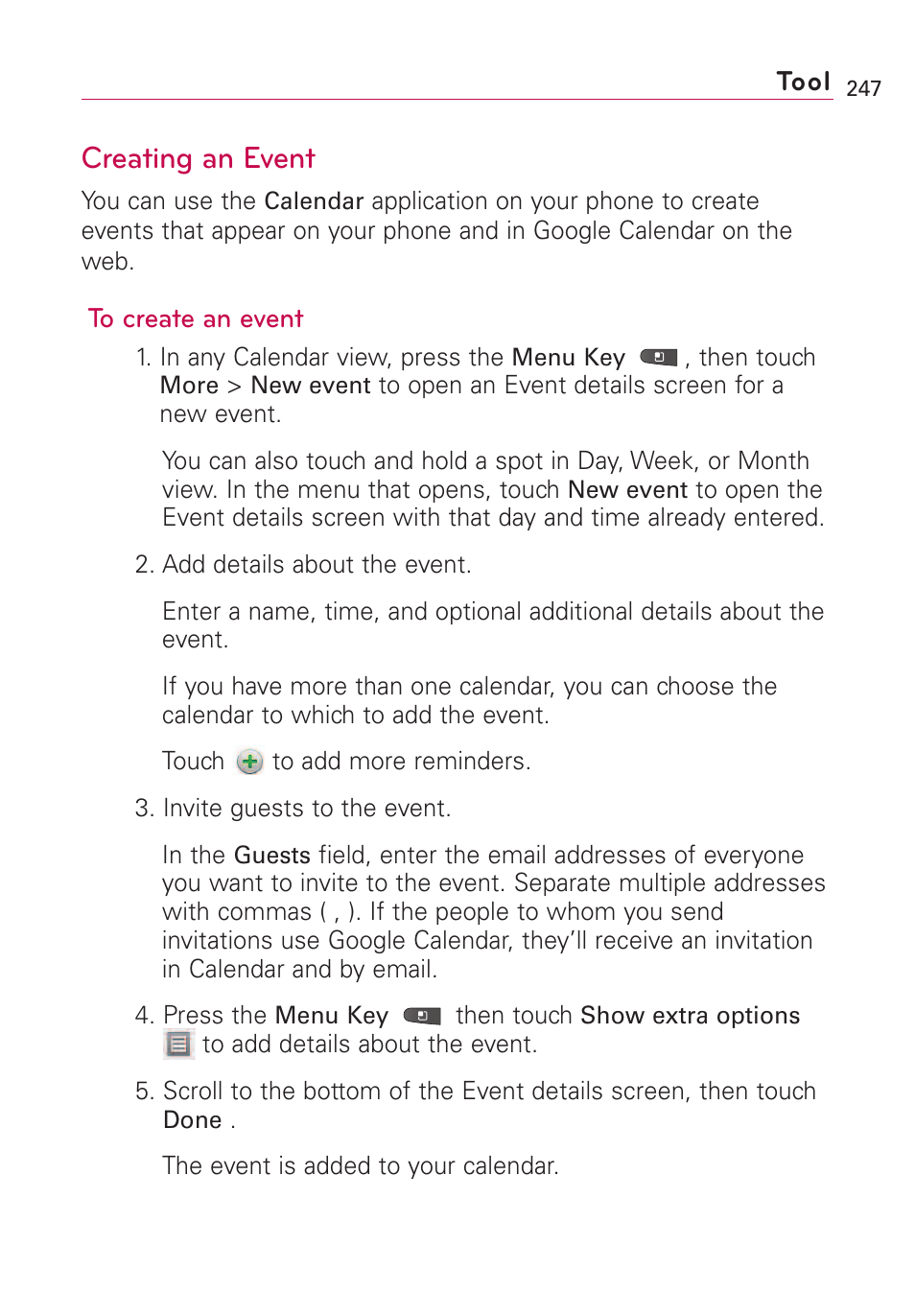 Creating an event | LG VS660 User Manual | Page 249 / 692