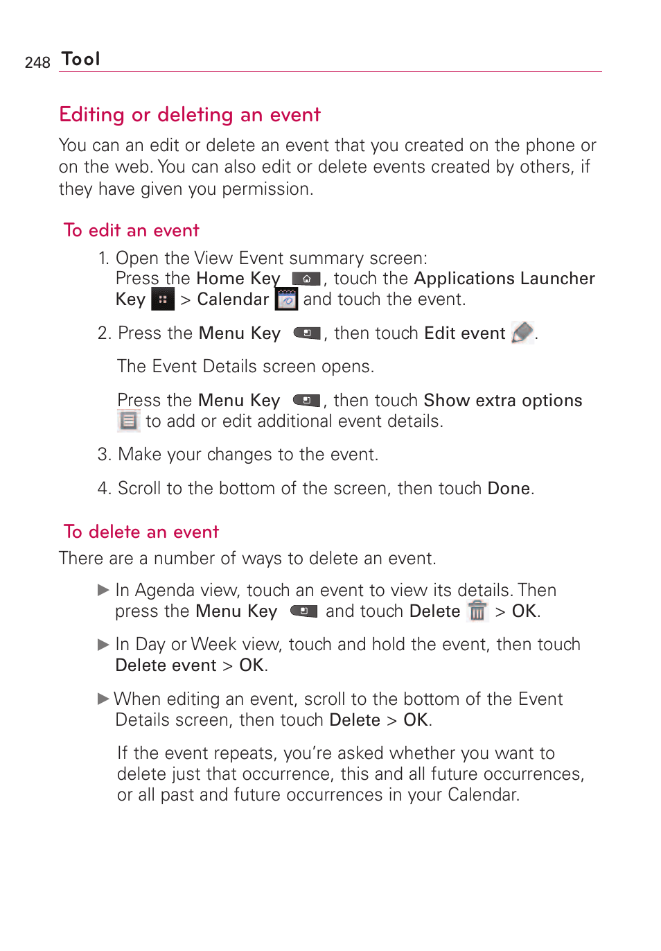 Editing or deleting an event, Tool | LG VS660 User Manual | Page 250 / 692