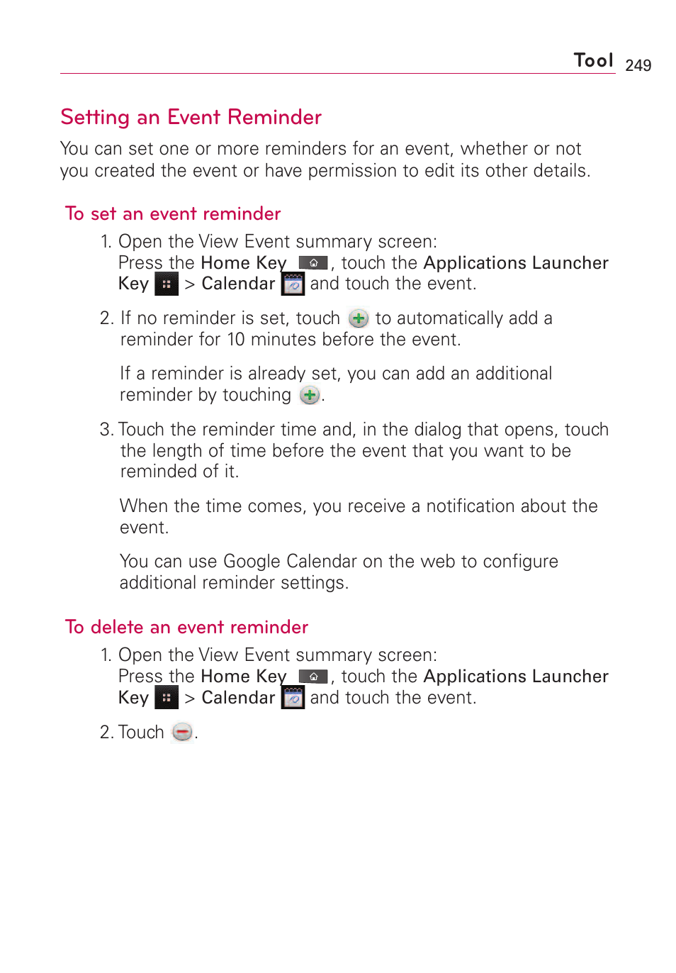 Setting an event reminder | LG VS660 User Manual | Page 251 / 692