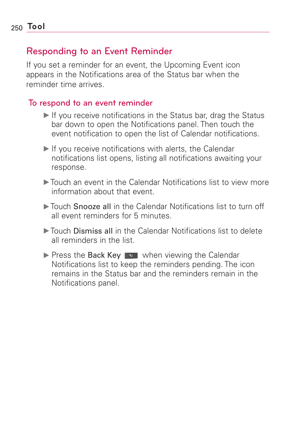 Responding to an event reminder, Tool | LG VS660 User Manual | Page 252 / 692
