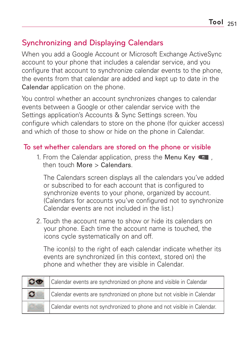Synchronizing and displaying, Synchronizing and displaying calendars | LG VS660 User Manual | Page 253 / 692