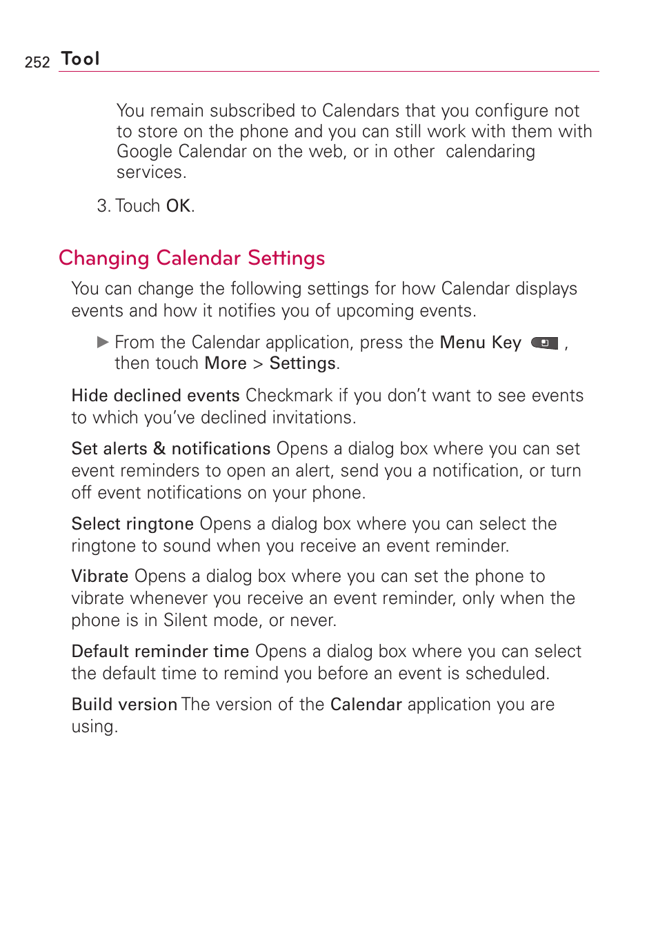 Changing calendar settings | LG VS660 User Manual | Page 254 / 692