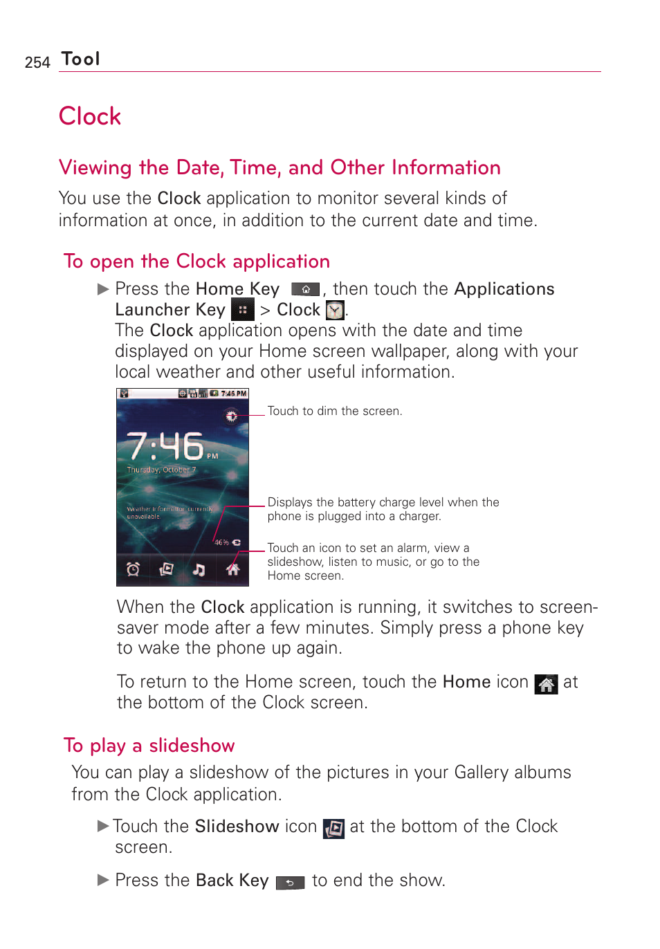 Clock, Viewing the date, time, and, Viewing the date, time, and other information | Tool | LG VS660 User Manual | Page 256 / 692