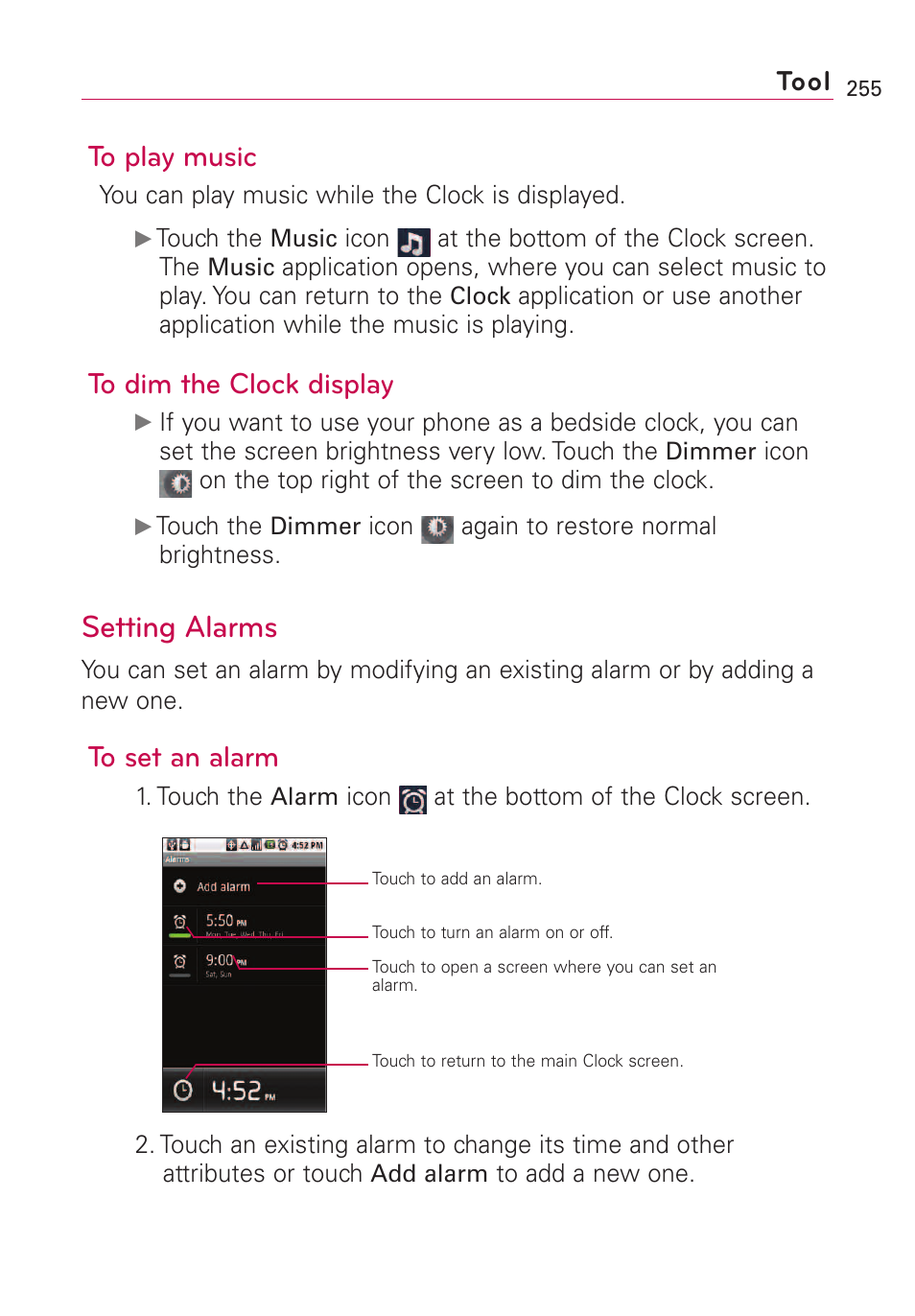 Setting alarms, Tool | LG VS660 User Manual | Page 257 / 692