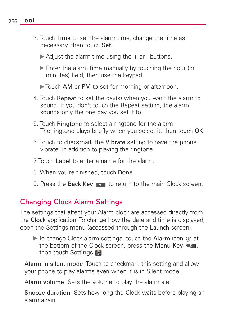 Changing clock alarm settings, Tool | LG VS660 User Manual | Page 258 / 692