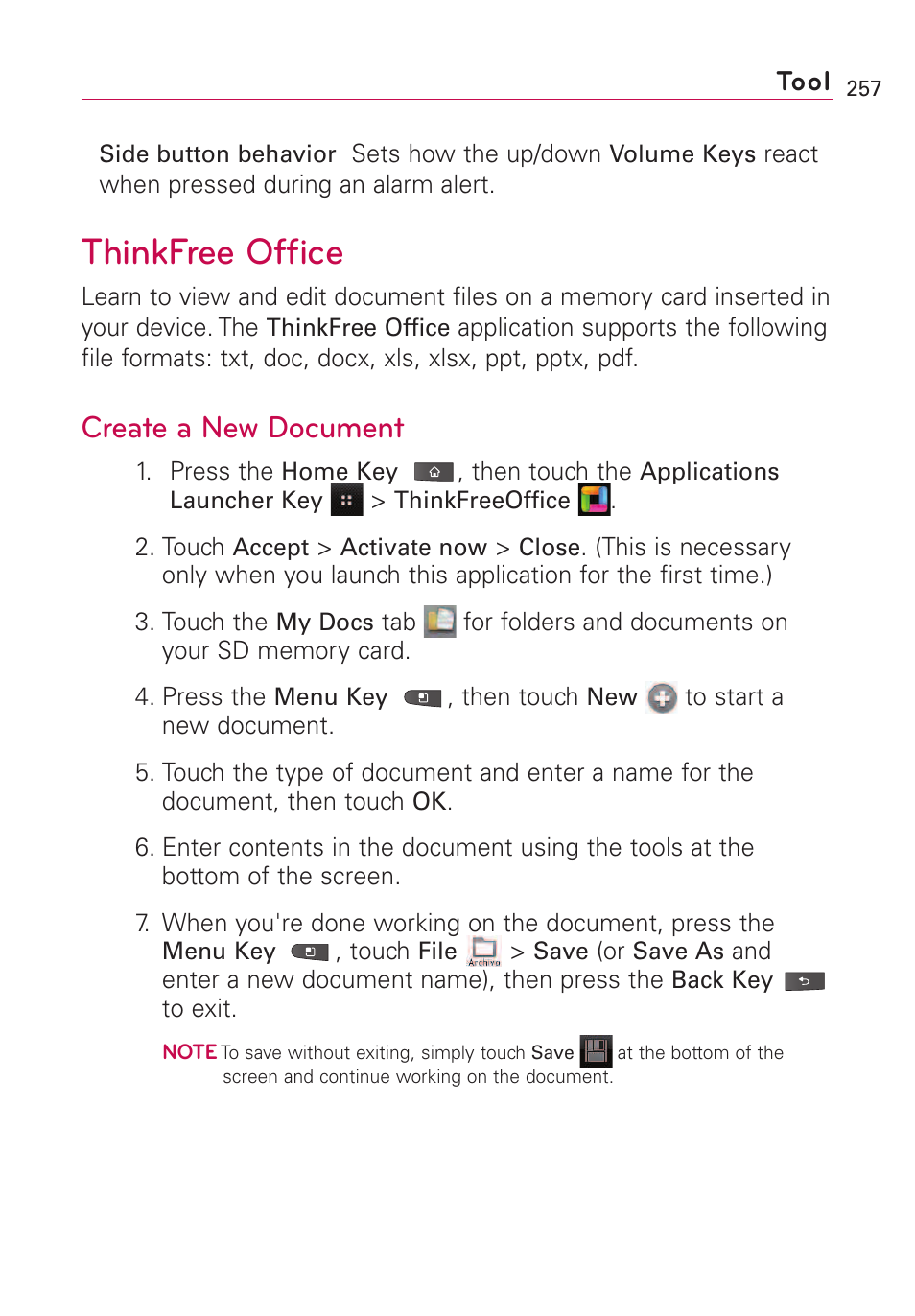 Thinkfree office, Create a new document | LG VS660 User Manual | Page 259 / 692