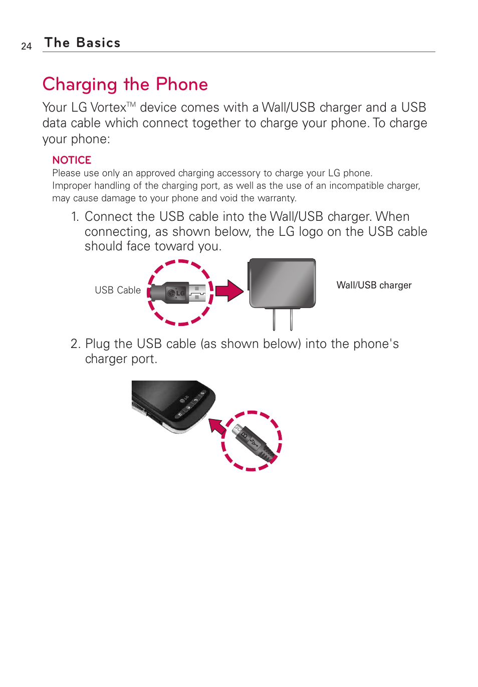 Charging the phone, The basics | LG VS660 User Manual | Page 26 / 692