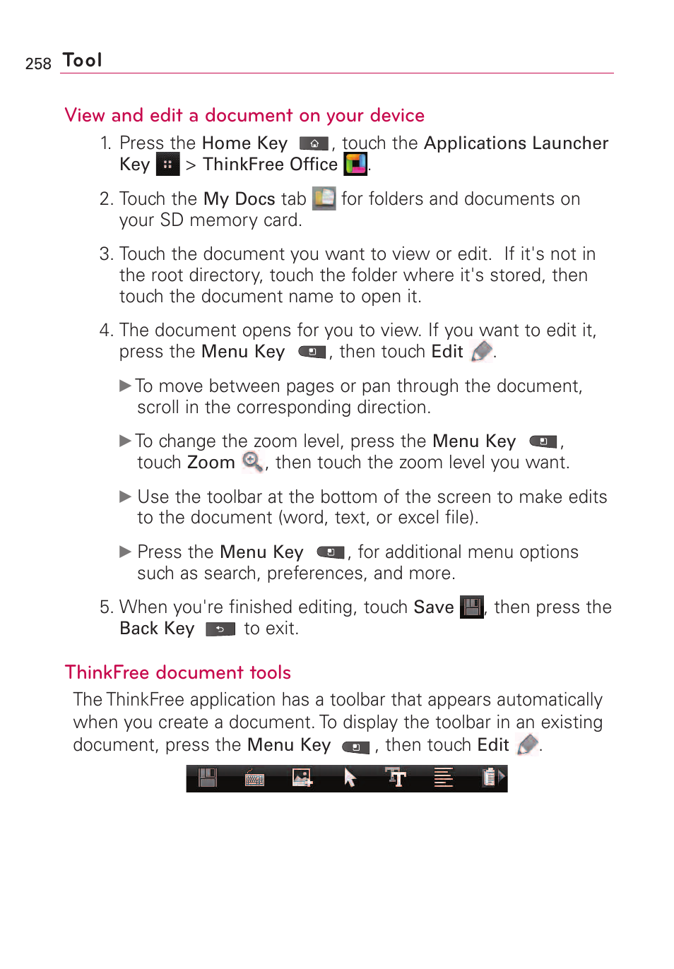 Tool view and edit a document on your device, Thinkfree document tools | LG VS660 User Manual | Page 260 / 692