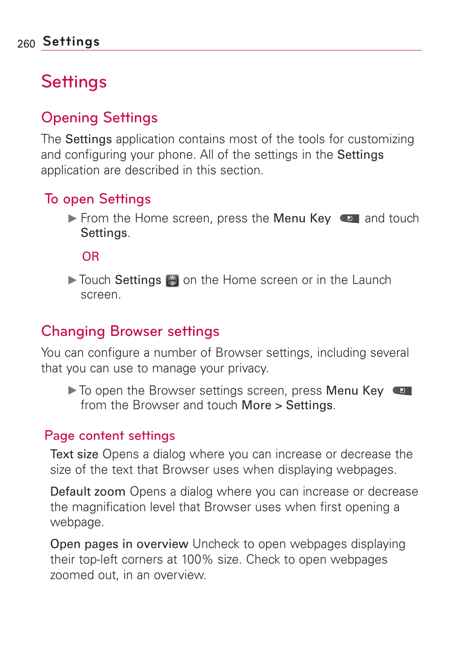 Settings, Opening settings, Changing browser settings | Opening settings changing browser settings | LG VS660 User Manual | Page 262 / 692