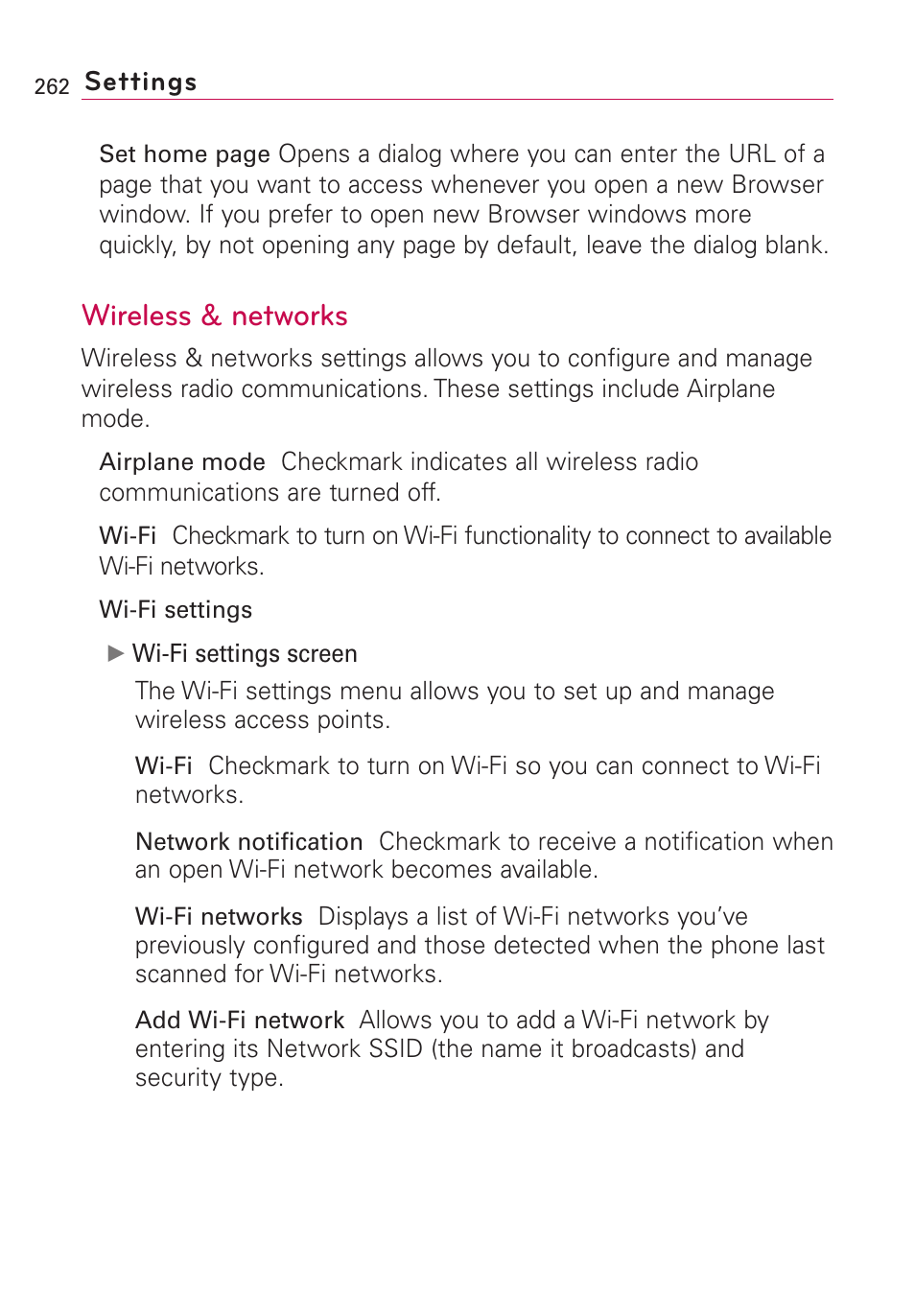 Wireless & networks | LG VS660 User Manual | Page 264 / 692