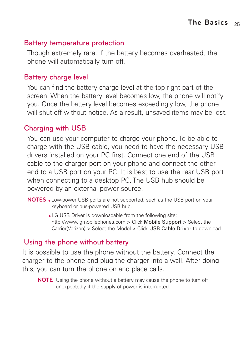 Battery temperature protection, Battery charge level, Charging with usb | Using the phone without battery, The basics | LG VS660 User Manual | Page 27 / 692