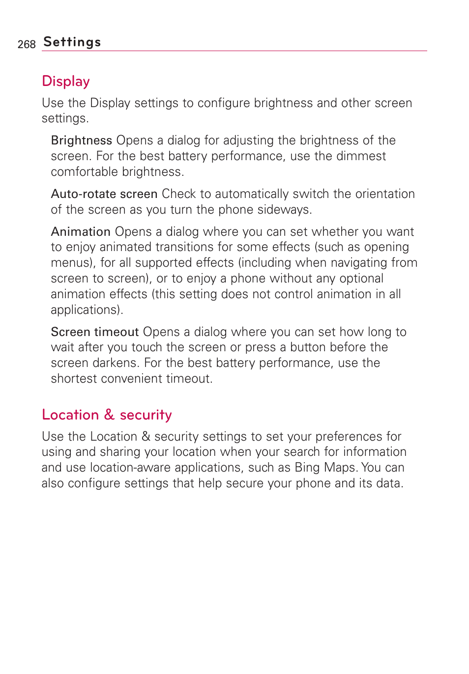 Display, Location & security, Display location & security | LG VS660 User Manual | Page 270 / 692