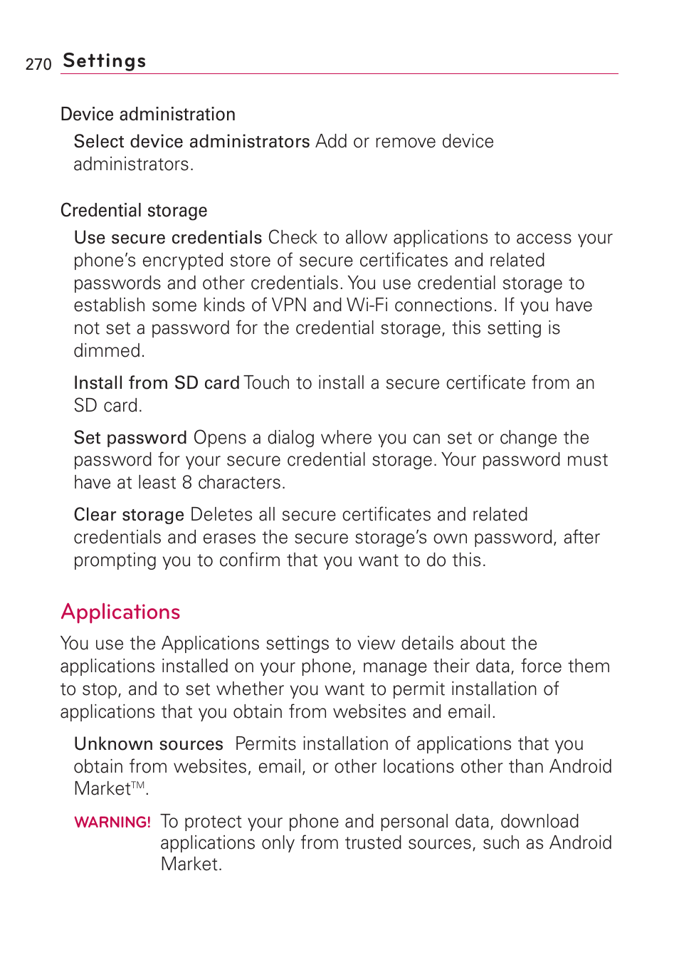 Applications, Settings | LG VS660 User Manual | Page 272 / 692