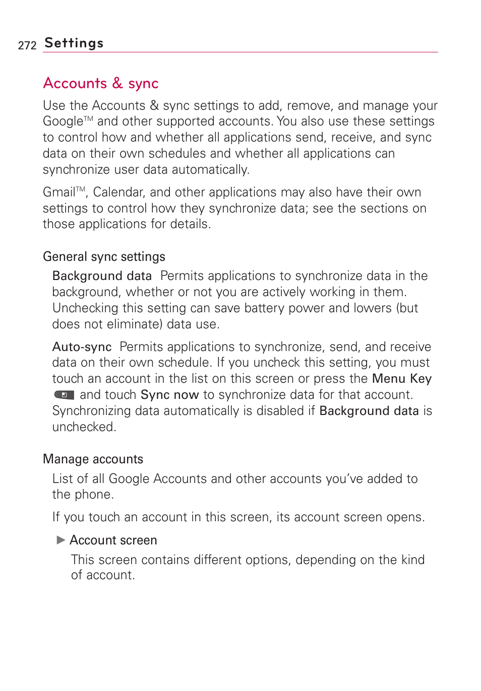 Accounts & sync, Settings | LG VS660 User Manual | Page 274 / 692