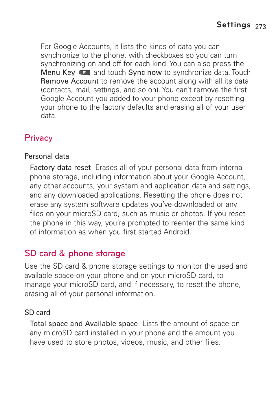 Privacy, Sd card & phone storage, Privacy sd card & phone storage | LG VS660 User Manual | Page 275 / 692