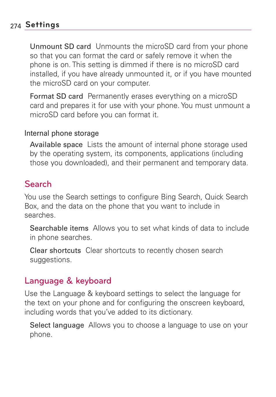Search, Language & keyboard, Search language & keyboard | LG VS660 User Manual | Page 276 / 692