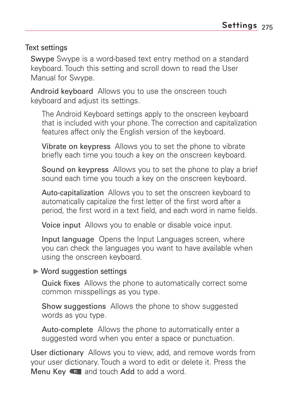 Settings | LG VS660 User Manual | Page 277 / 692