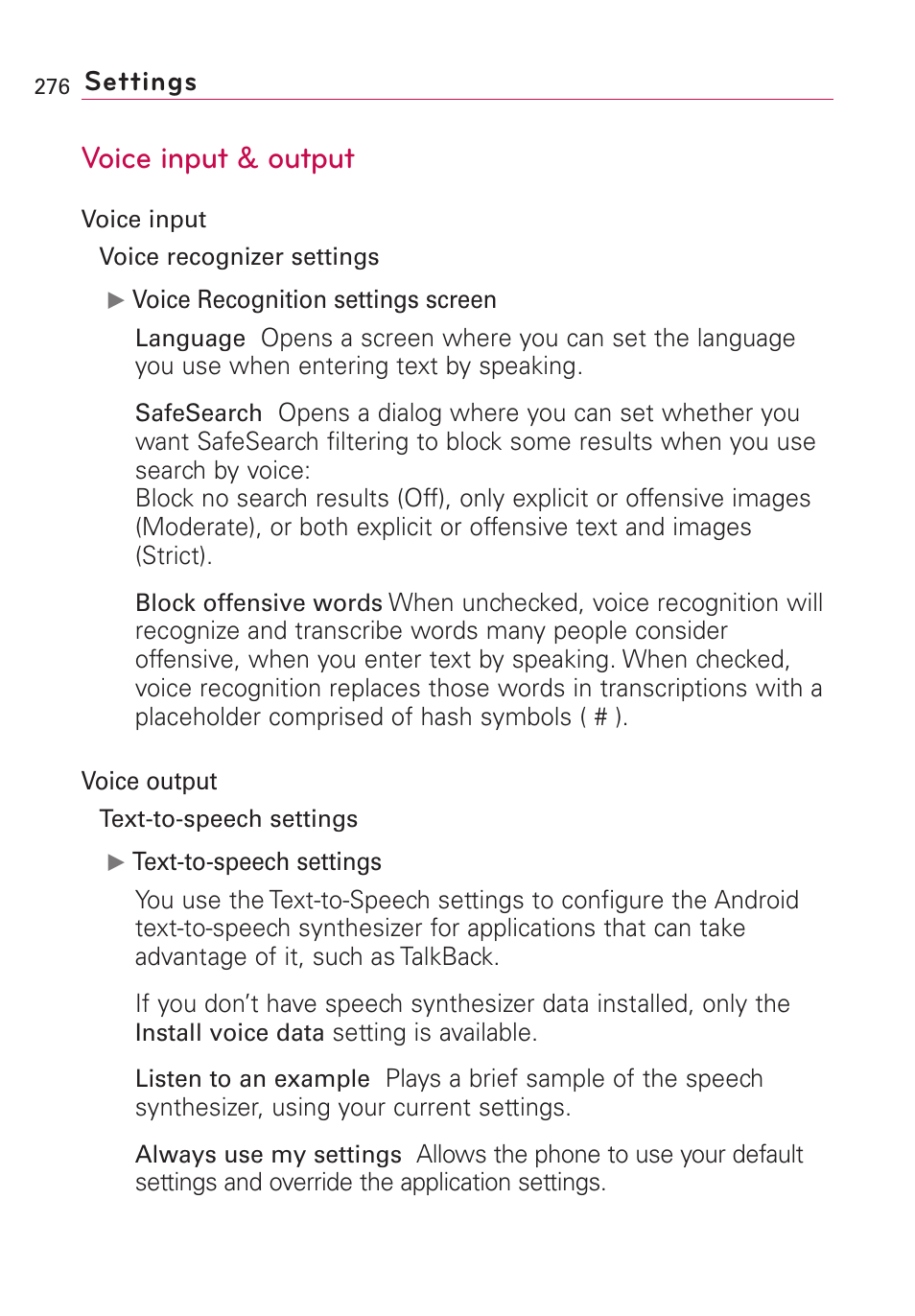Voice input & output, Settings | LG VS660 User Manual | Page 278 / 692