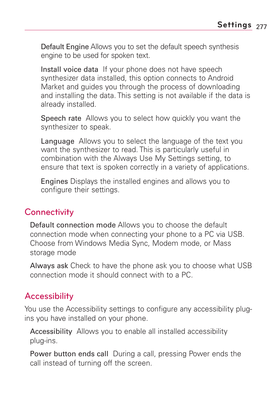 Connectivity, Accessibility, Connectivity accessibility | LG VS660 User Manual | Page 279 / 692