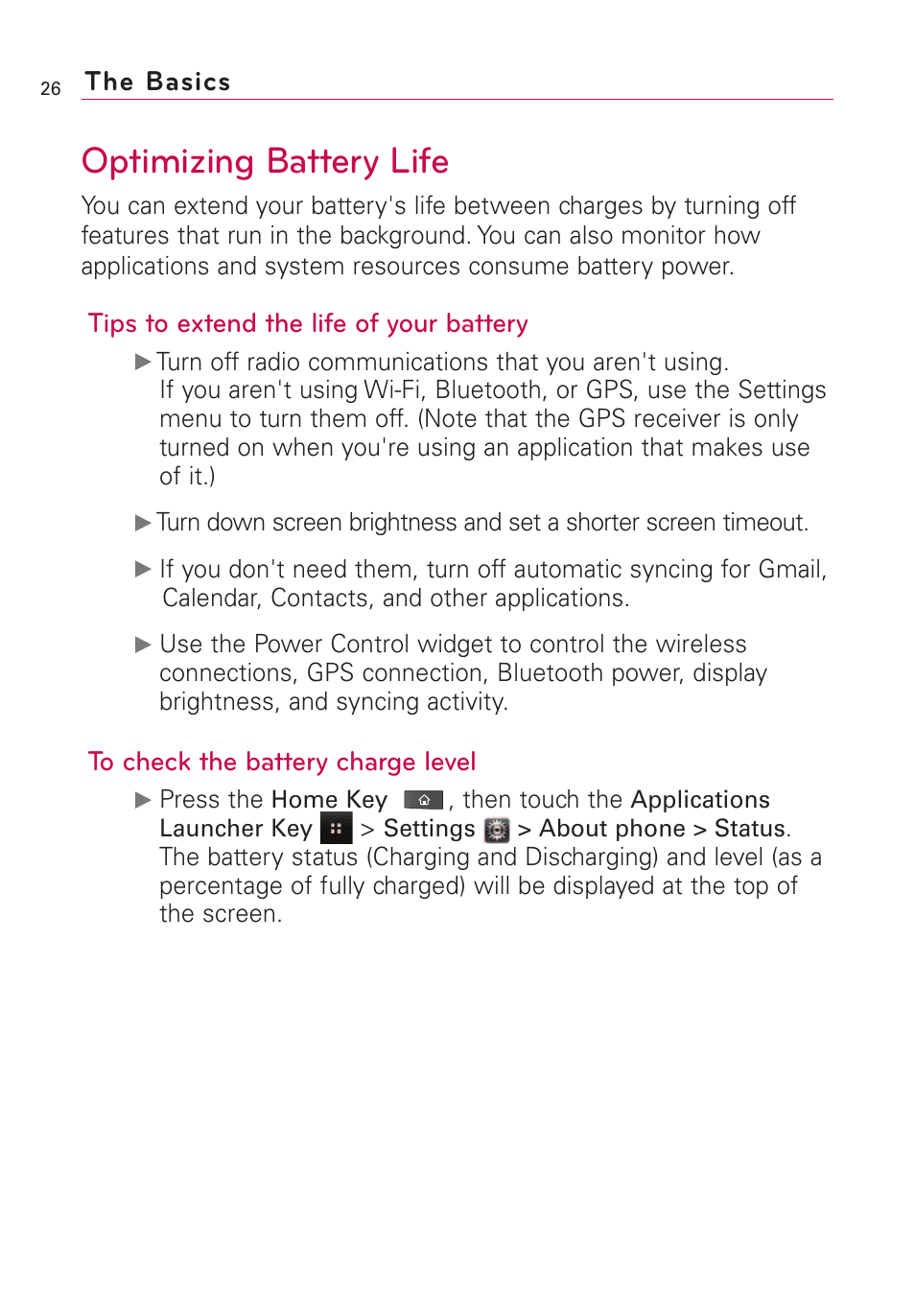 Optimizing battery life, The basics, Tips to extend the life of your battery | LG VS660 User Manual | Page 28 / 692