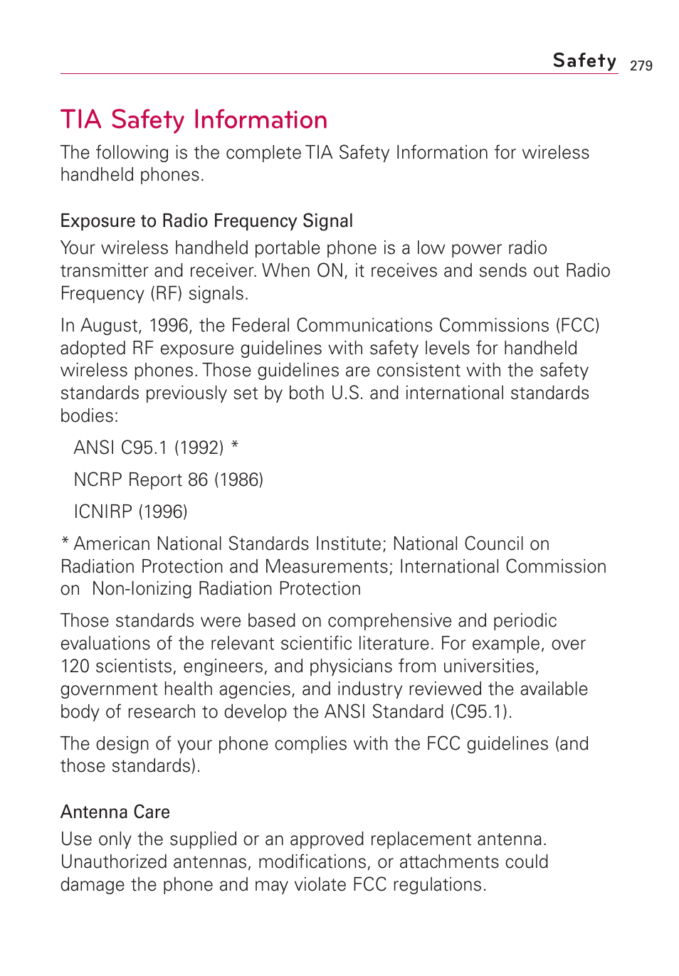 Safety, Tia safety information | LG VS660 User Manual | Page 281 / 692