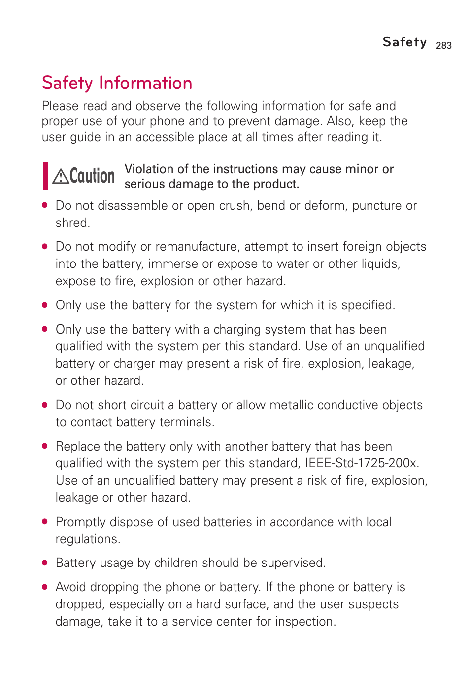 Safety information, Caution, Safety | LG VS660 User Manual | Page 285 / 692