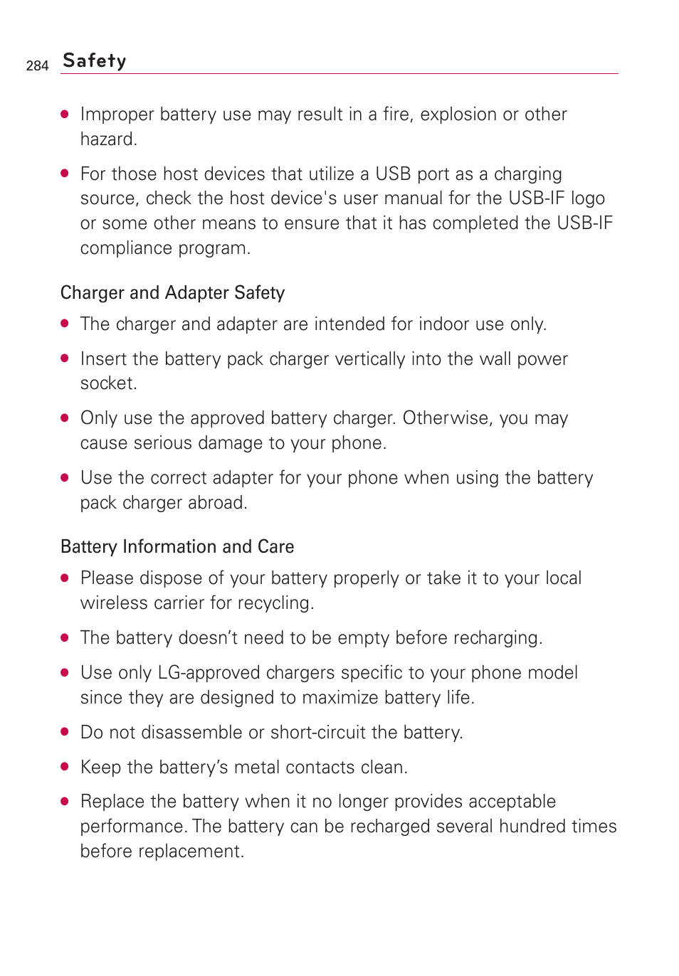 Safety, Do not disassemble or short-circuit the battery, Keep the battery’s metal contacts clean | LG VS660 User Manual | Page 286 / 692