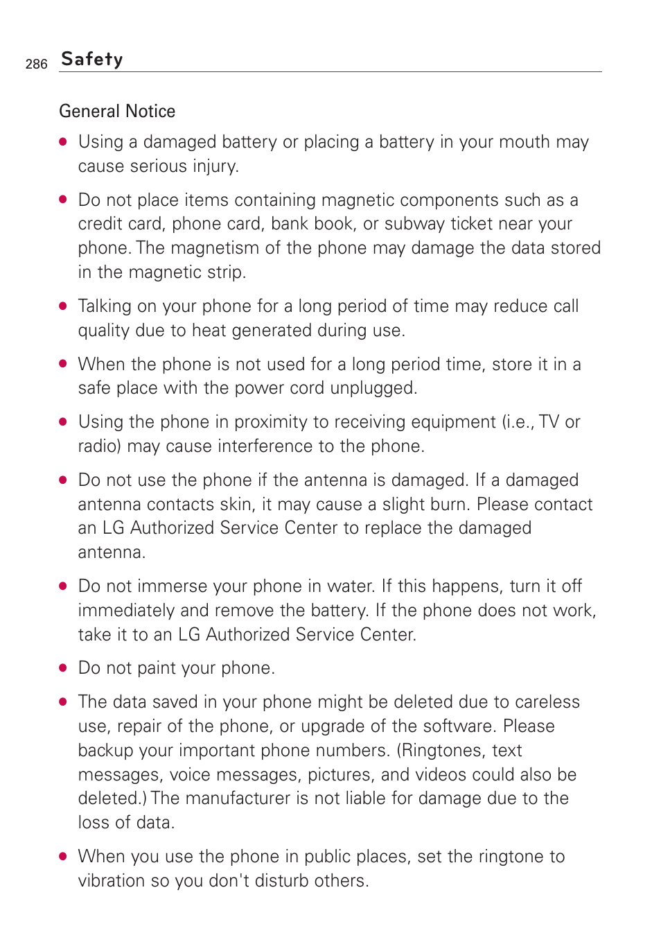 Safety, General notice, Do not paint your phone | LG VS660 User Manual | Page 288 / 692