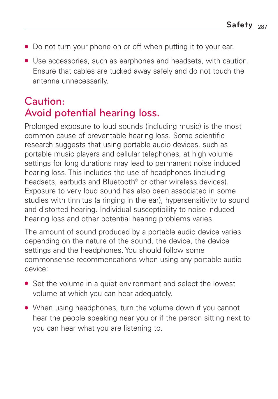 Caution: avoid potential hea, Caution: avoid potential hearing loss, Safety | LG VS660 User Manual | Page 289 / 692