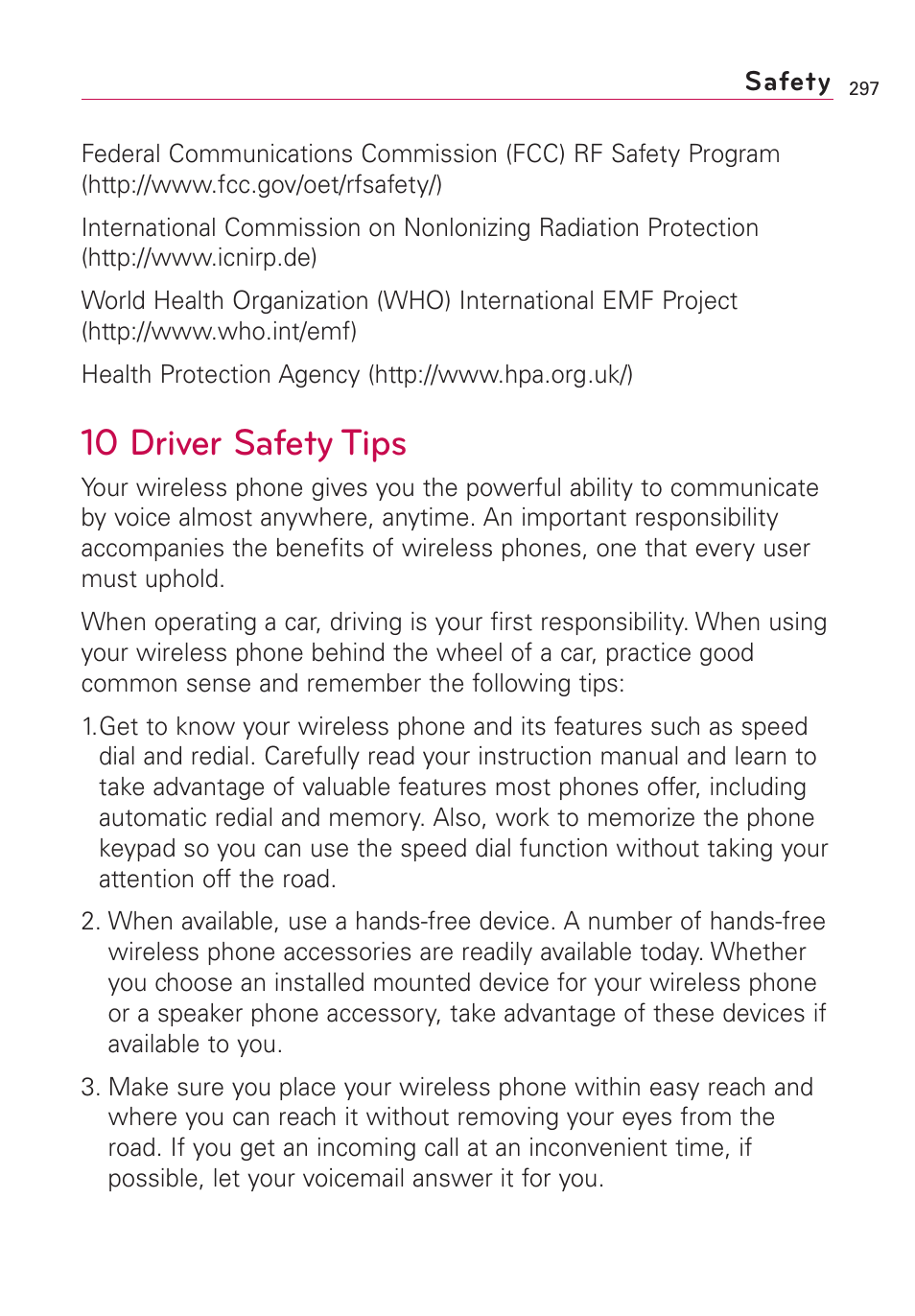 10 driver safety tips | LG VS660 User Manual | Page 299 / 692