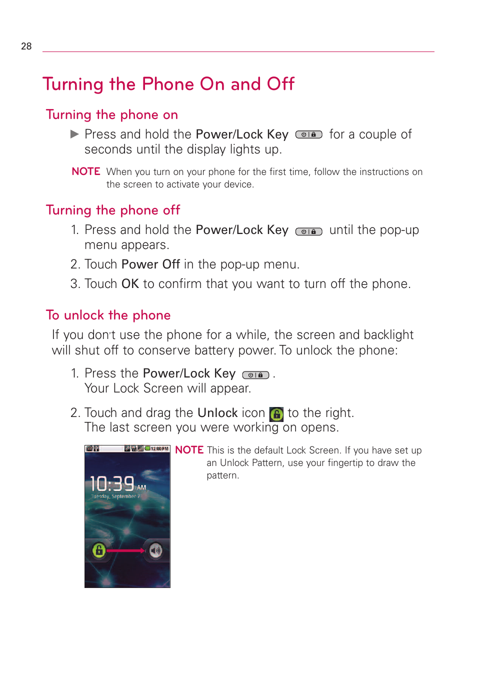 Turning the phone on and off, Turning the phone on, Turning the phone off | LG VS660 User Manual | Page 30 / 692