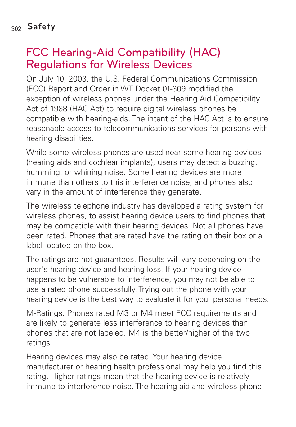 Fcc hearing-aid compatibilit, Wireless devices | LG VS660 User Manual | Page 304 / 692