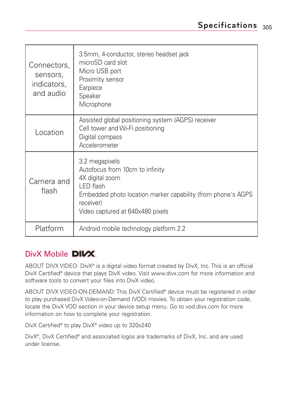 Specifications, Divx mobile, Connectors, sensors, indicators, and audio | Location, Camera and flash, Platform | LG VS660 User Manual | Page 307 / 692