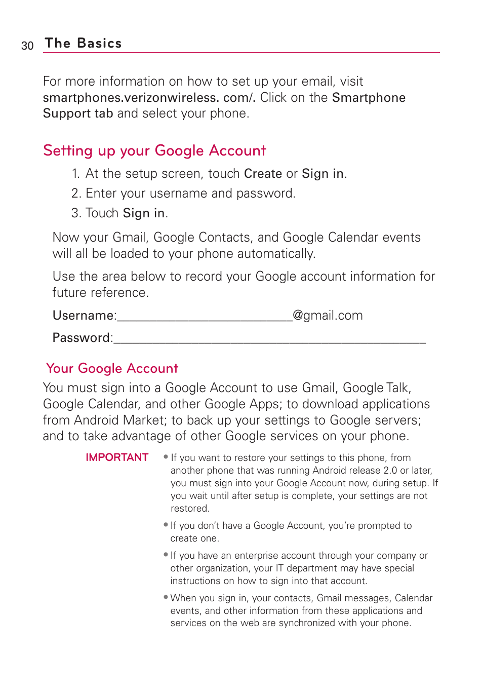 Setting up your google account, The basics, Your google account | LG VS660 User Manual | Page 32 / 692