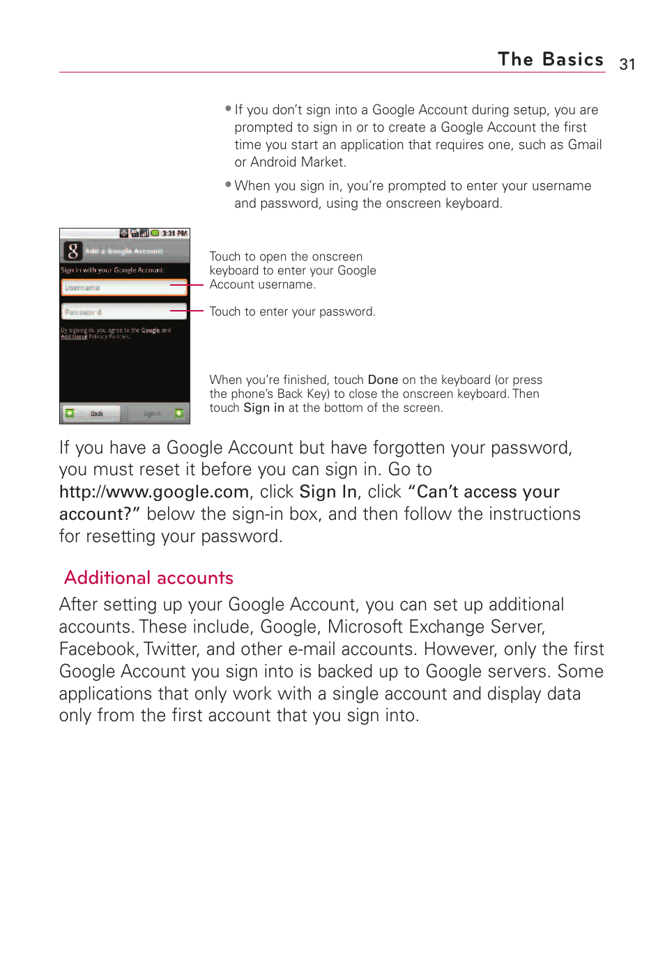 Additional accounts, The basics | LG VS660 User Manual | Page 33 / 692