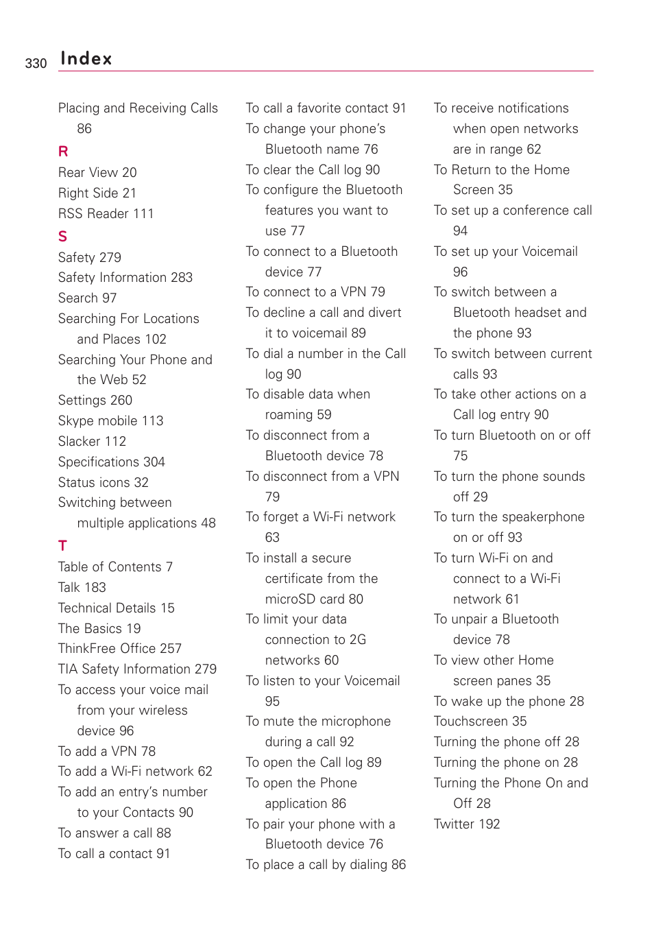 Index | LG VS660 User Manual | Page 332 / 692
