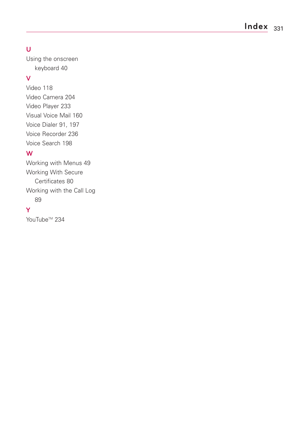 Index | LG VS660 User Manual | Page 333 / 692
