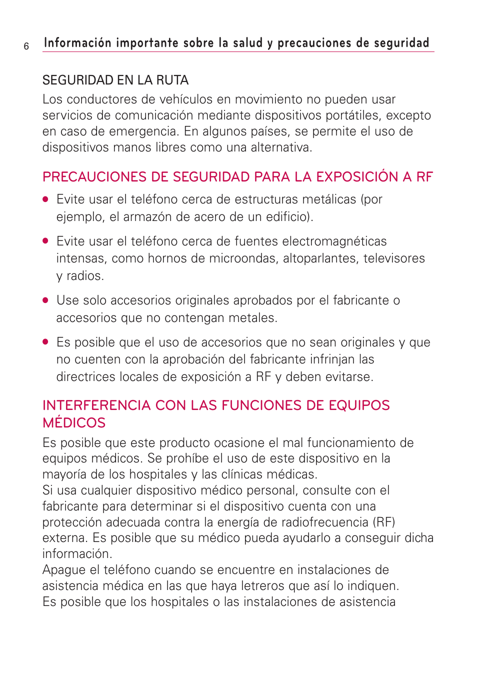 Precauciones de seguridad para la exposición a rf, Interferencia con las funciones de equipos médicos | LG VS660 User Manual | Page 341 / 692