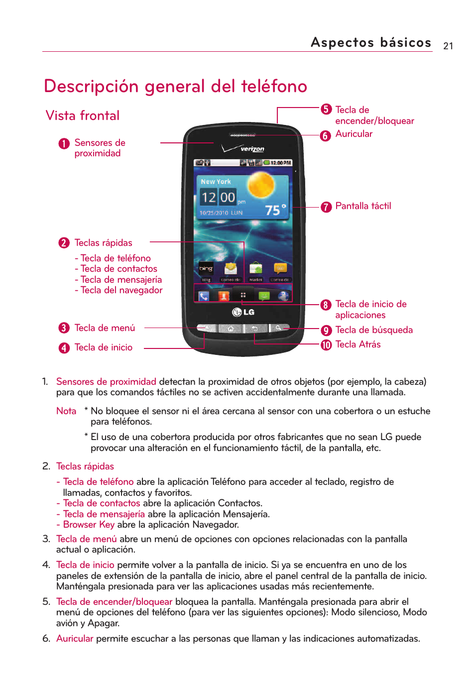 Aspectos básicos, Descripción general del telé, Descripción general del teléfono | Vista frontal | LG VS660 User Manual | Page 356 / 692