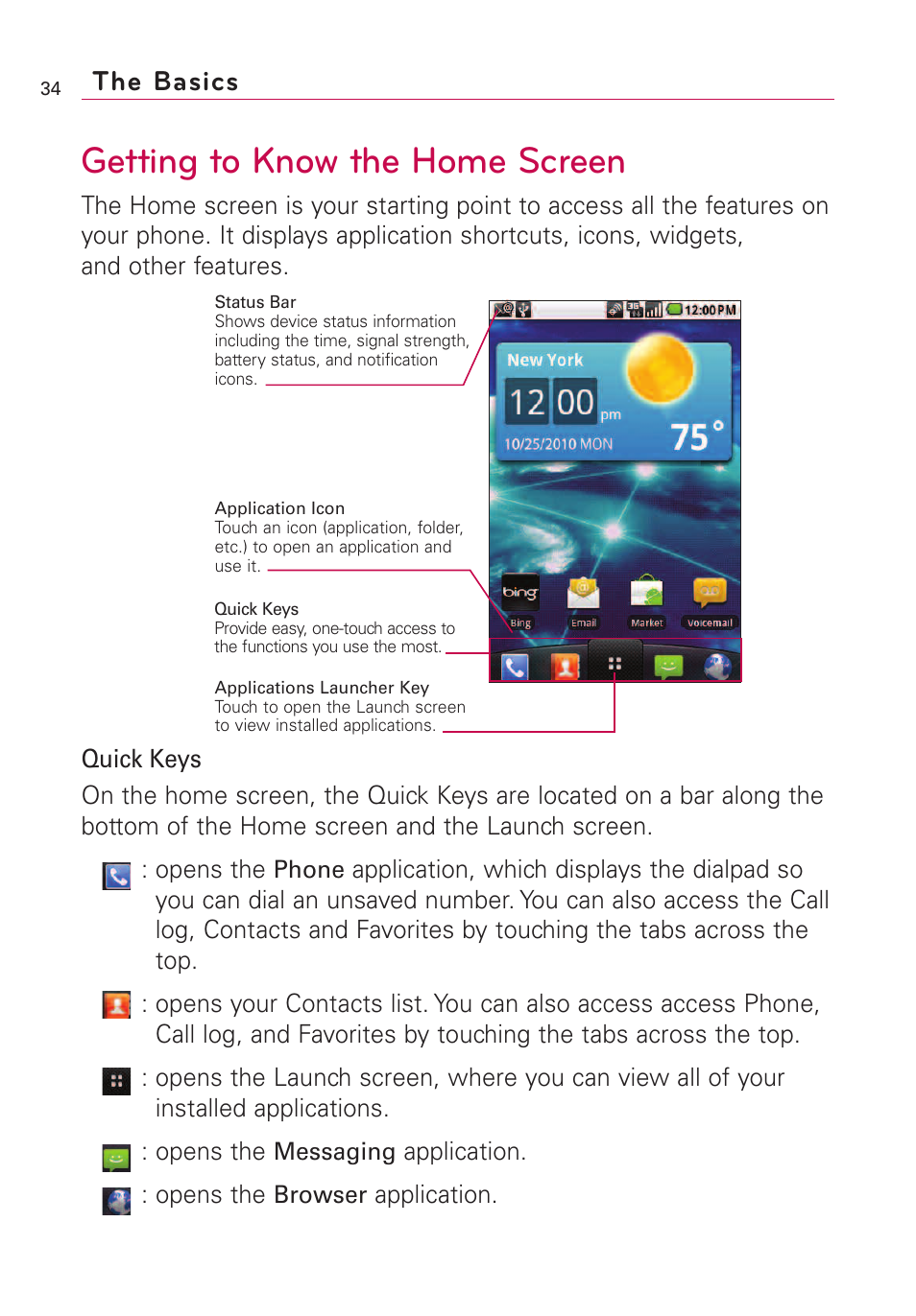 Getting to know the home screen, The basics | LG VS660 User Manual | Page 36 / 692